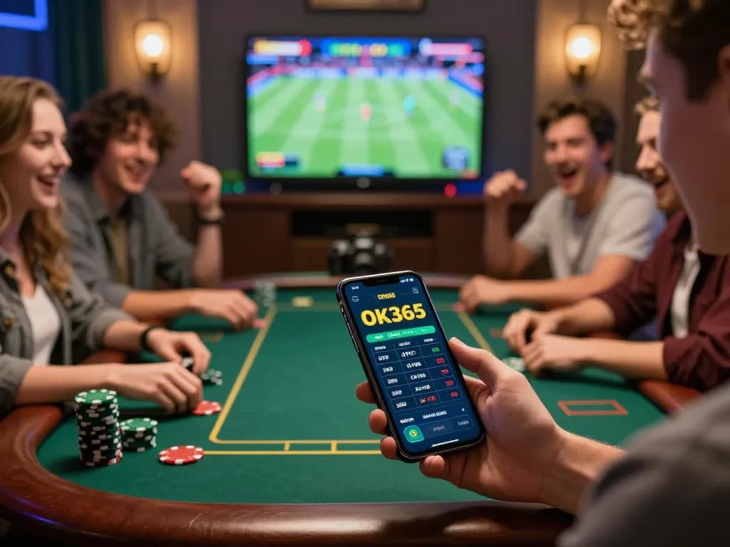 Person enjoying online betting with OK365 app during a lively gathering.