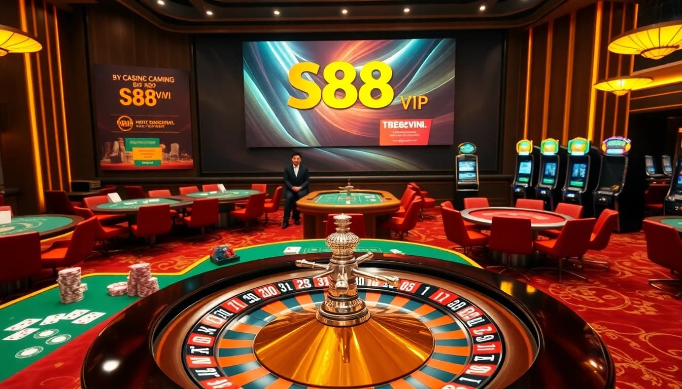 Experience the thrill of gambling at Trang chủ S88VIP with luxurious casino tables and vibrant game elements.