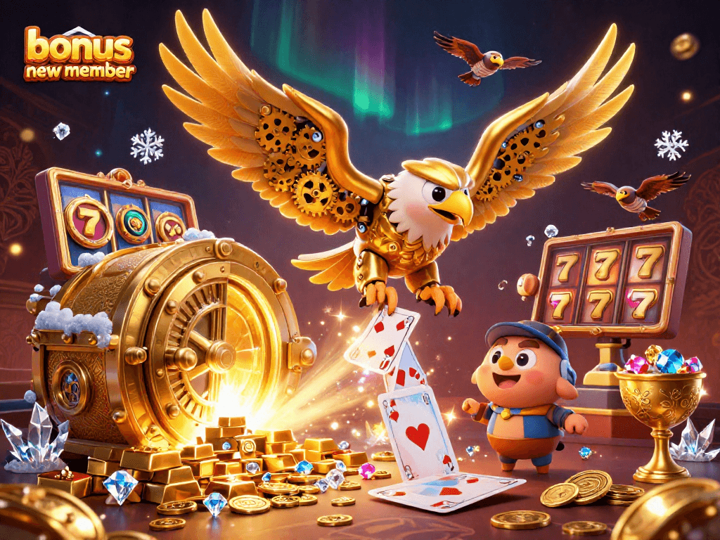 Engage in exciting gameplay with the bonus new member slots promotion, as winning cards cascade around a cybernetic eagle.