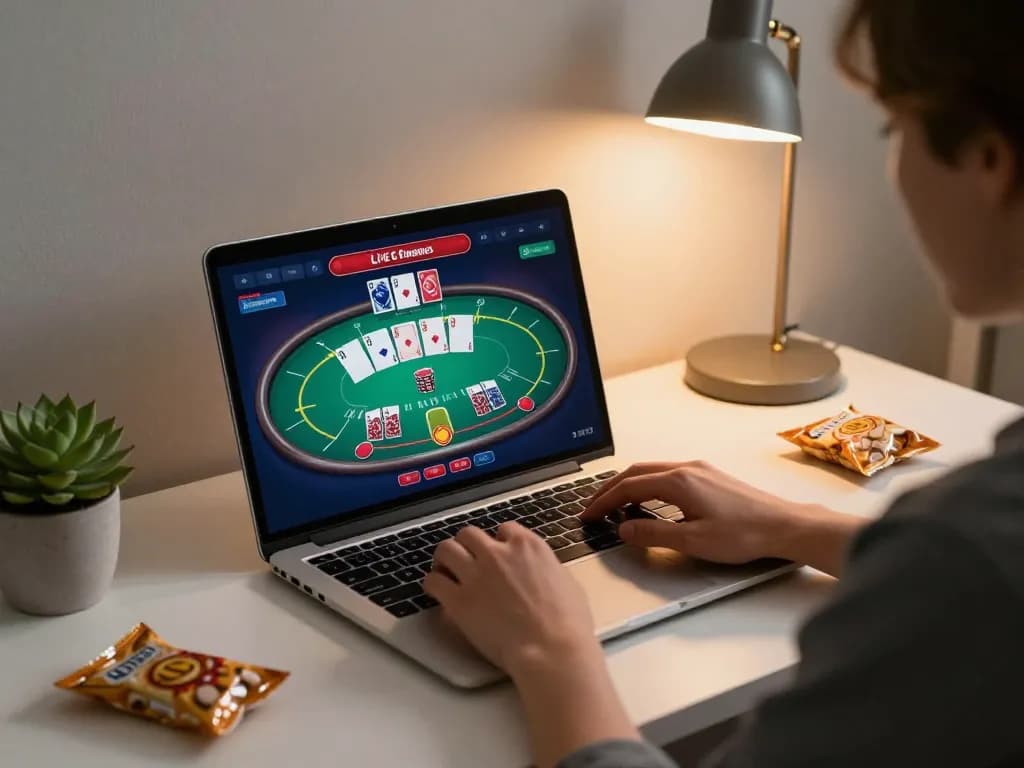 Engaging with Trang chủ DU88 online poker interface from a cozy home gaming setup.