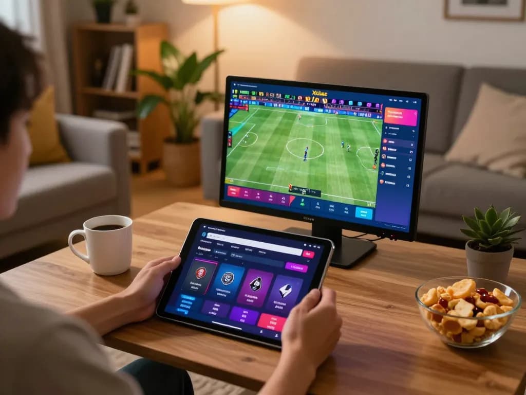 Xoilac user engaged in live streaming football on a tablet, showcasing a cozy home gaming atmosphere.