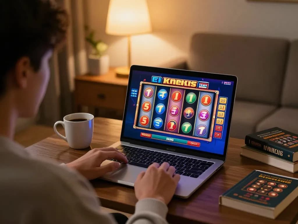 Pemain berinteraksi dengan permainan slot hoki77 di laptop dalam suasana rumah yang nyaman, menekankan perjudian online yang strategis.