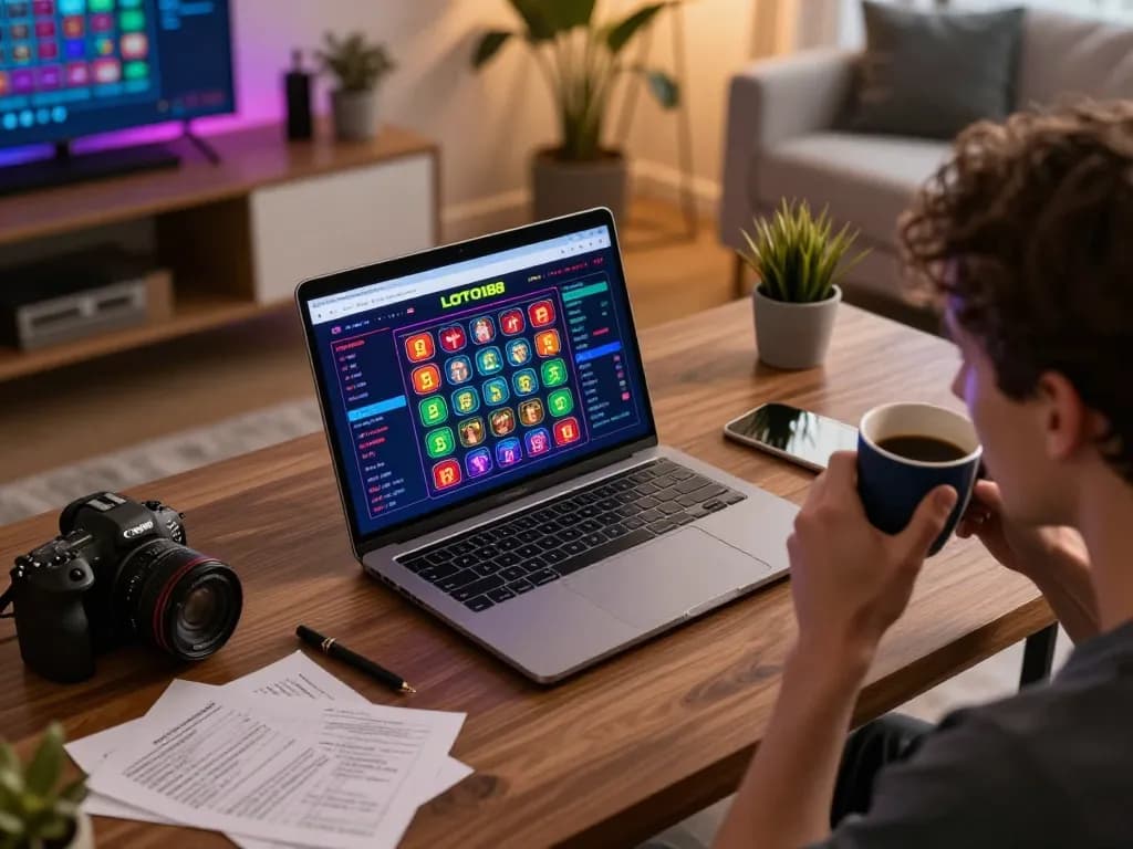 LOTO188 player engaged in online gambling strategy with laptop and notes, cozy home environment.