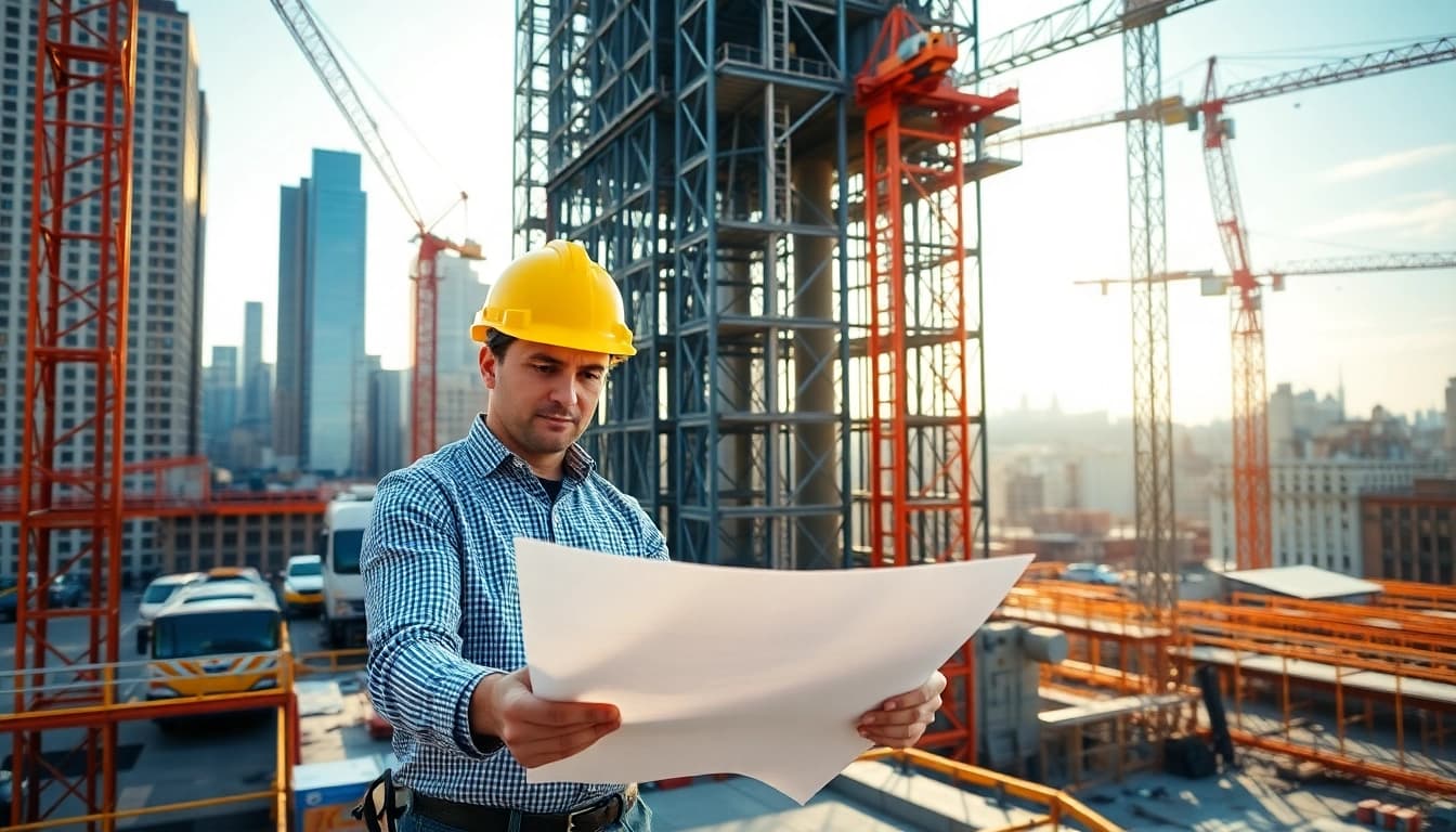 New York Construction Manager reviewing plans on site in vibrant NYC setting.