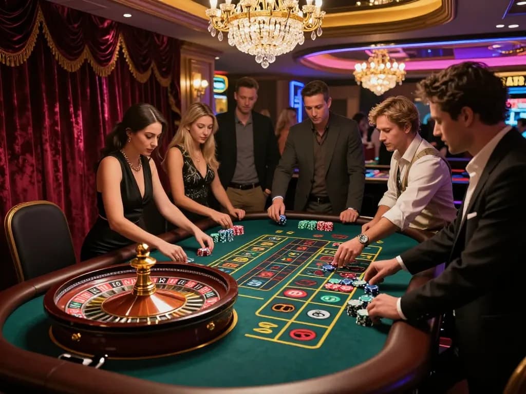 Engaged players placing bets at the vipwin roulette table in a vibrant casino atmosphere.