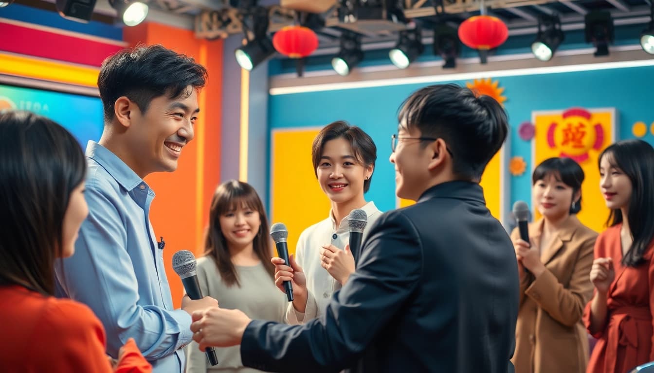 위키티비에서 활기찬 한국 텔레비전 장면을 연출하는 연기자들.