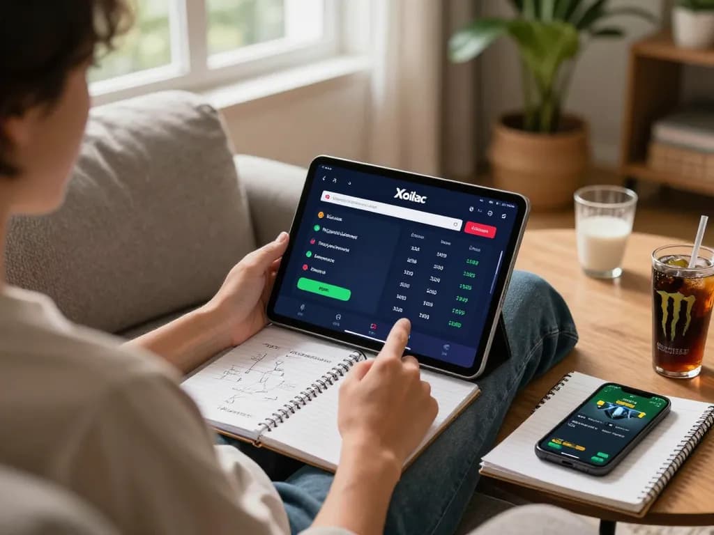 Xoilac user placing bets on sports through a tablet in a cozy home setting.