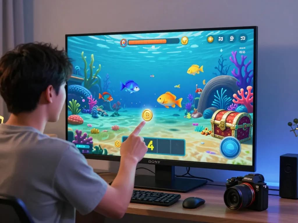TIN TỨC hubet88 - Exciting player engaged in a thrilling fish shooting game underwater, capturing vibrant graphics and animated sea life in a cozy gaming setup.