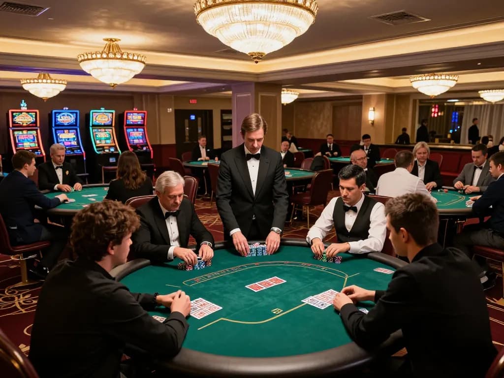 g28 players strategizing in an upscale casino during a thrilling poker tournament