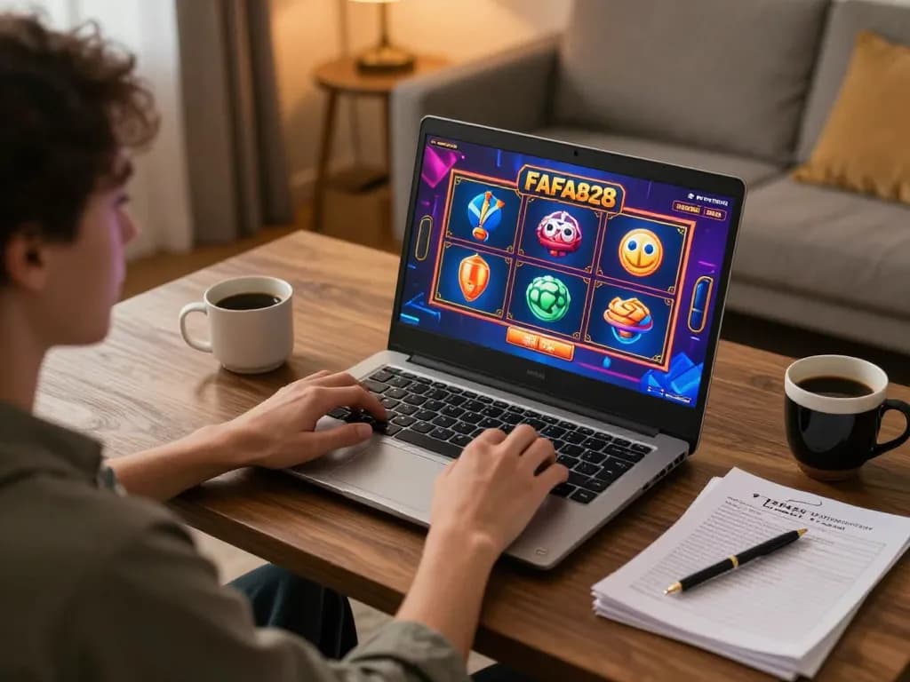Enjoying engaging gameplay on FAFA828 slots at home, cozy environment with strategy notes.