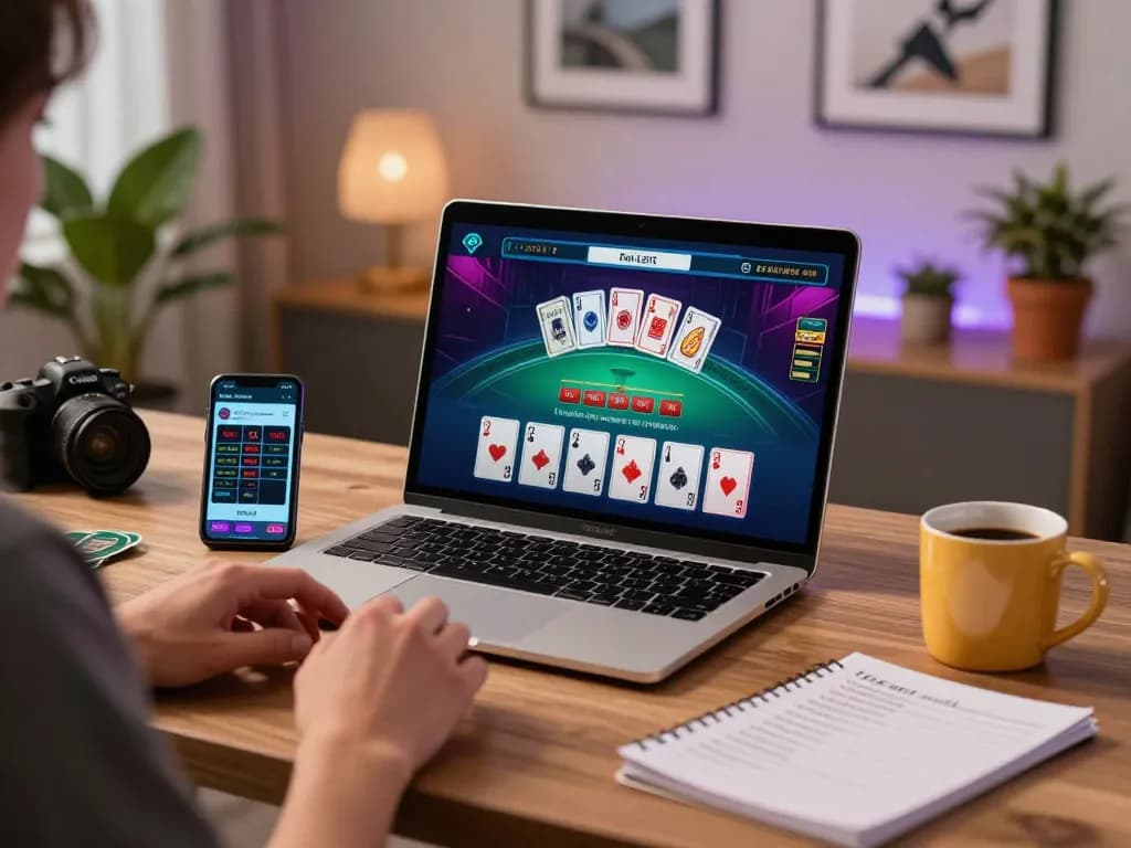Engaging scene of a person experiencing live dealer blackjack gameplay at home, showcasing their strategic approach, with hakobhakobyanart displayed on the laptop screen.