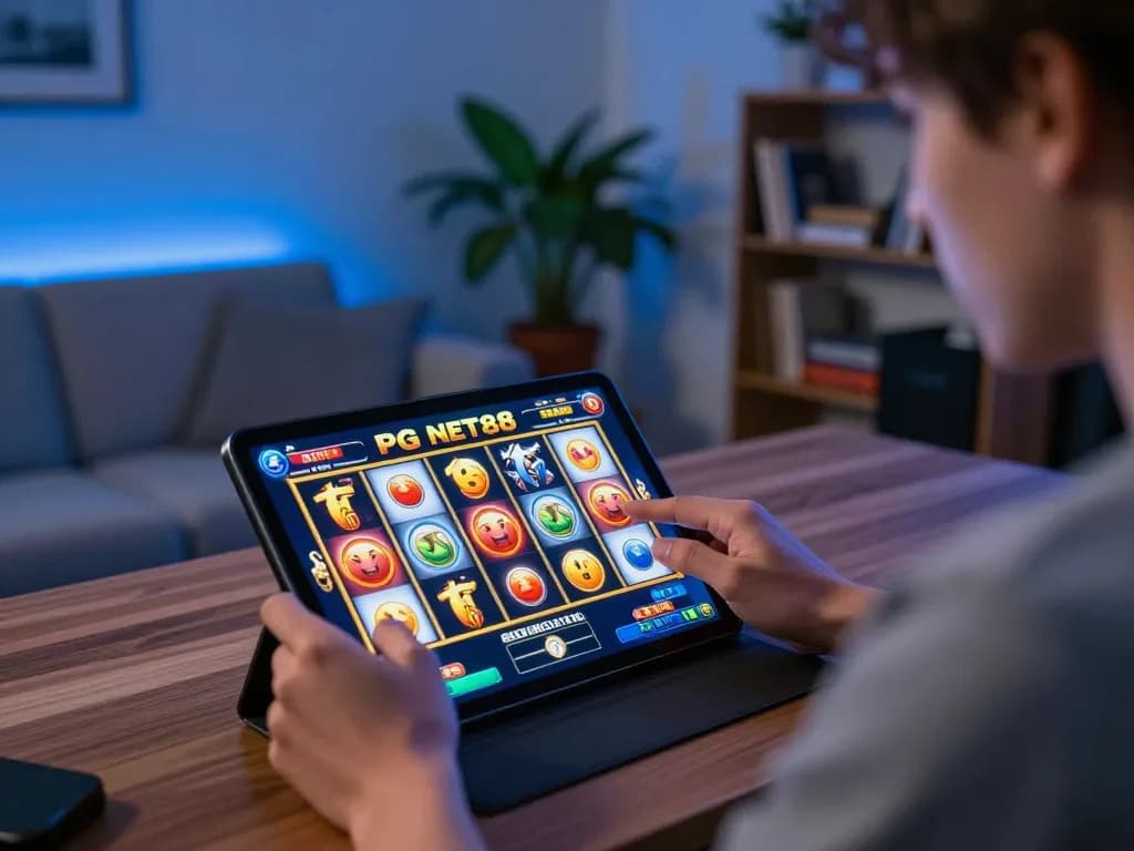 Player engaging with PG Slots NET88 on tablet during an exciting online gaming session.