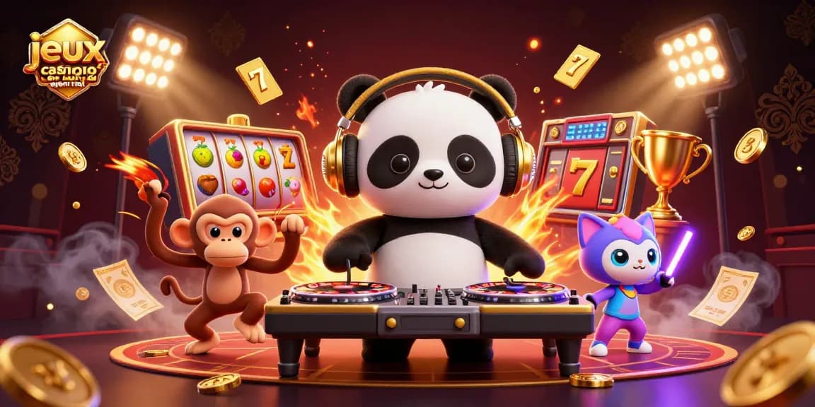 Jouez à des jeux casino en ligne argent réel avec une ambiance festive illustrée par un panda DJ, un singe et un chat.