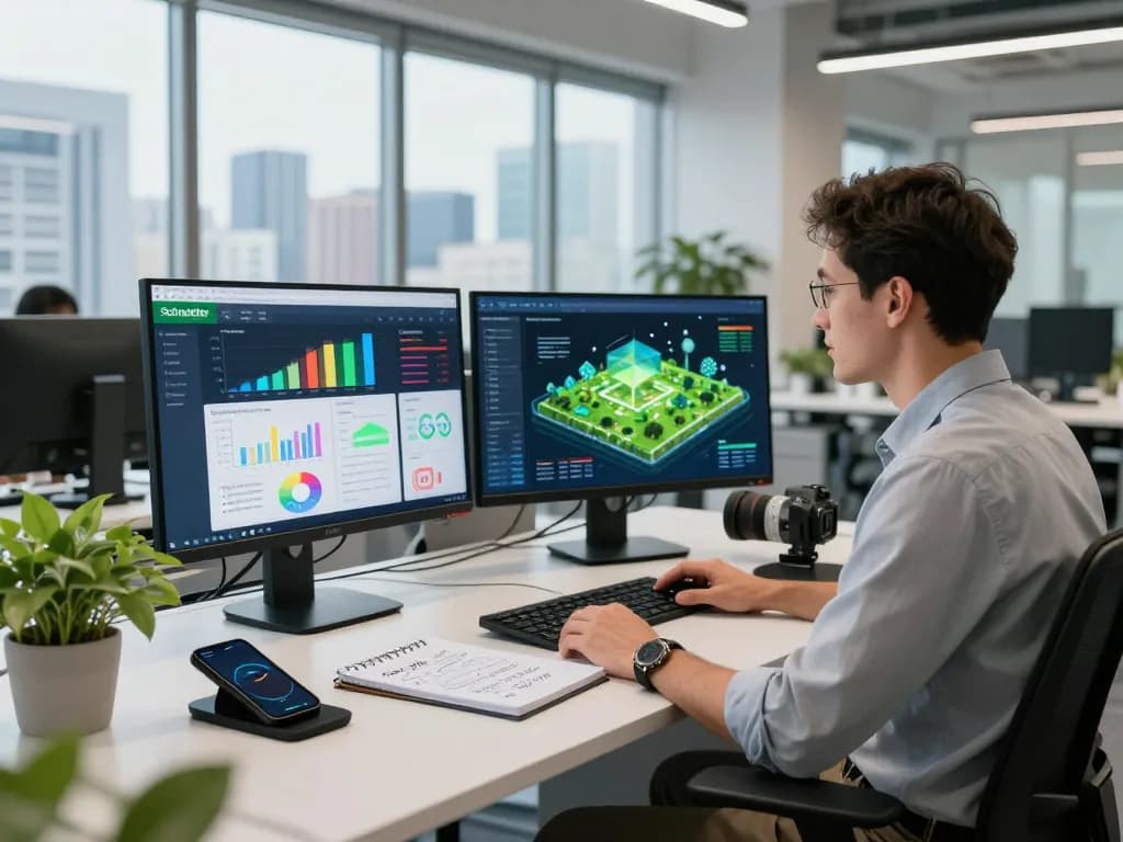 Engineer at Schneider Electric workspace analyzing energy management solutions.