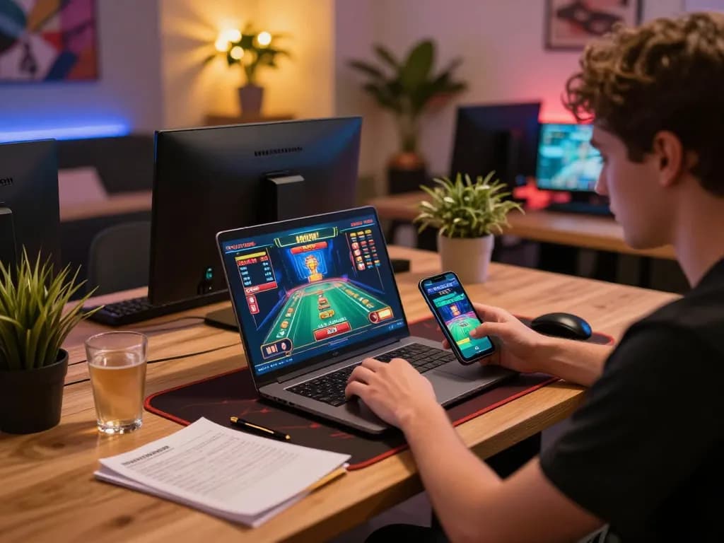 Engaged user playing casino games on laptop while exploring TG88 mobile app for betting