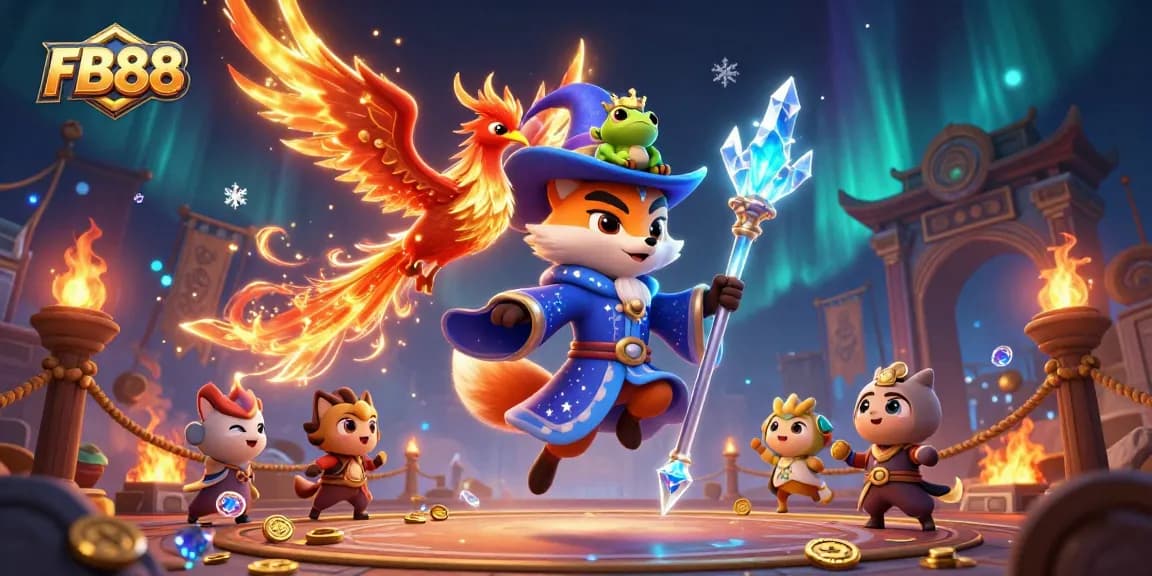 Engage in thrilling gaming at FB88 with a magical illustration featuring a wizard and phoenix