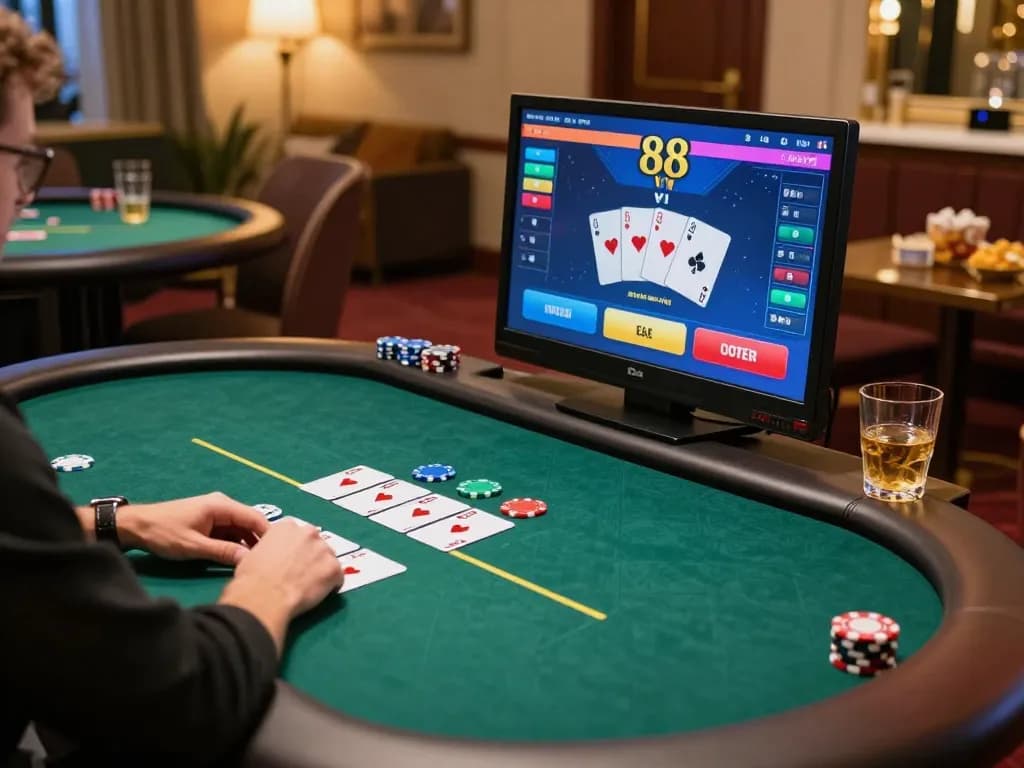 Engaging moment of a player strategizing on 888 VI poker interface in a cozy home setting.