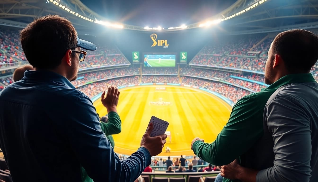 Enthusiastic fans engaged in IPL bet prediction betting in a vibrant stadium atmosphere.