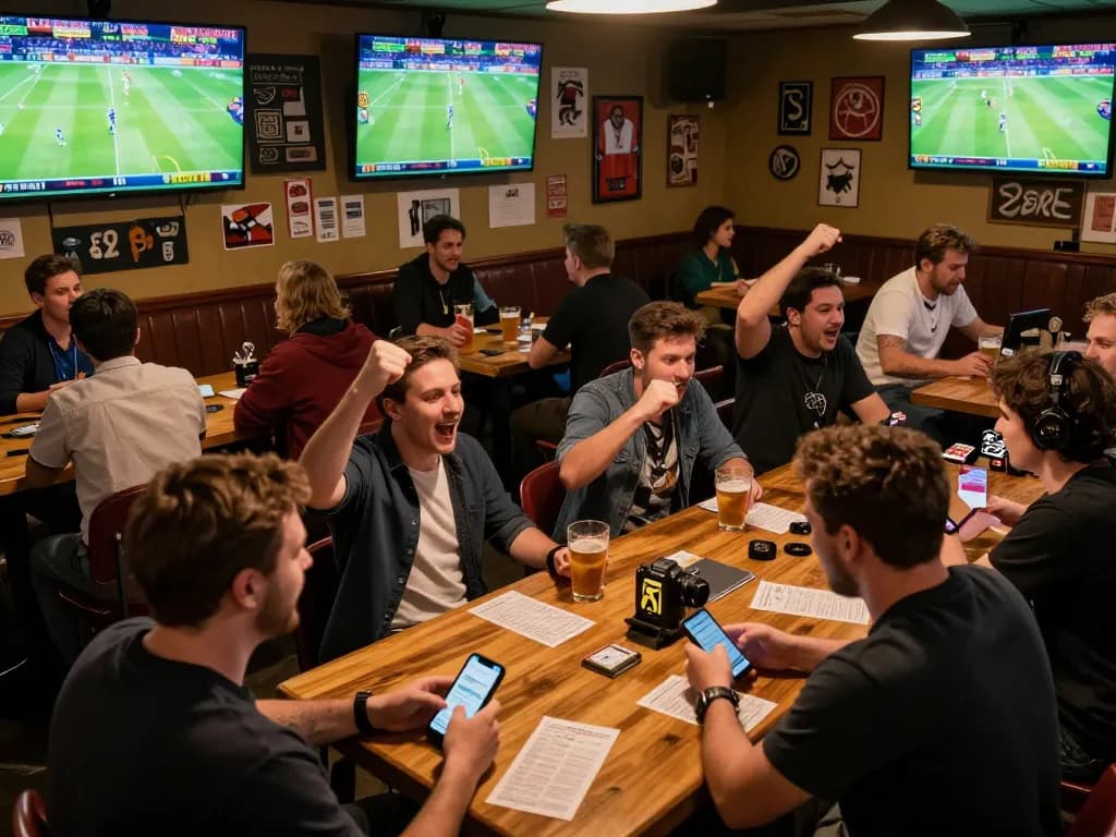 Patrons at a sports bar engaging in betting activities, celebrating wins and analyzing strategies, showcasing the excitement of cakhiatv betting.