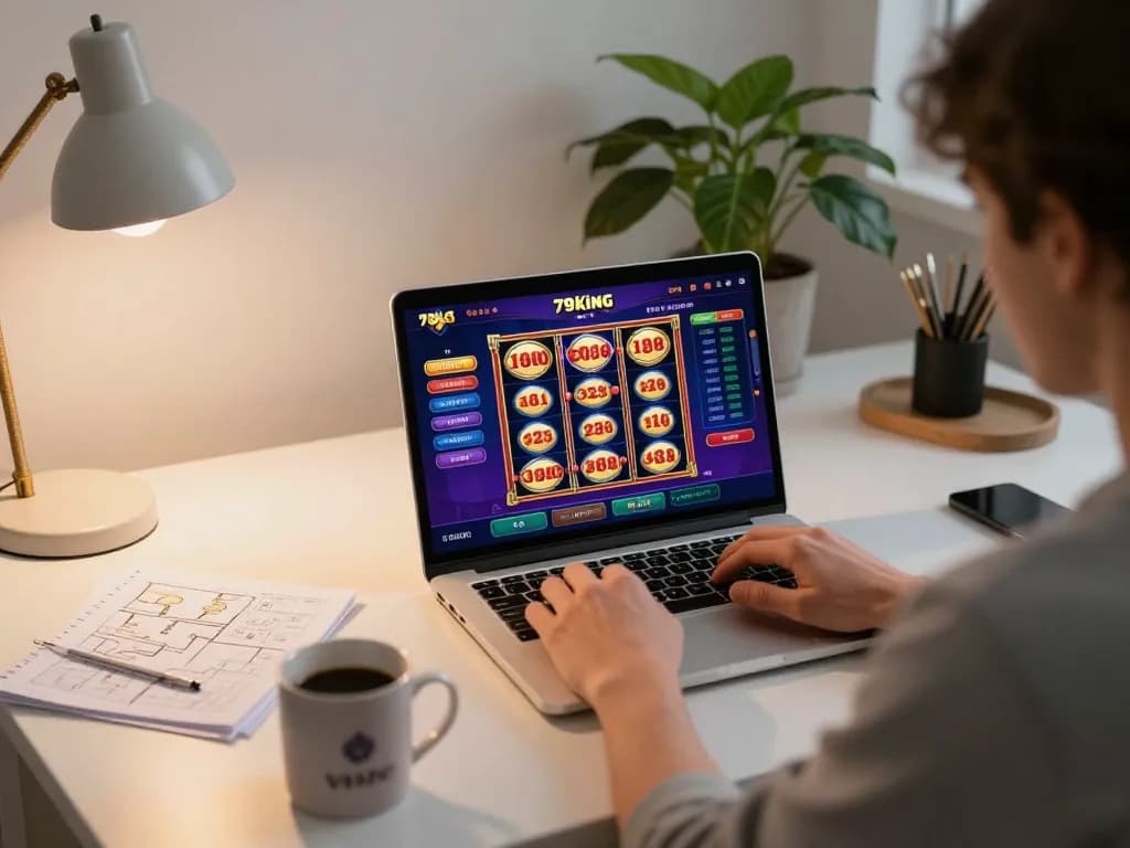 Engaged player using the 79king app for online casino gaming in a cozy home office.