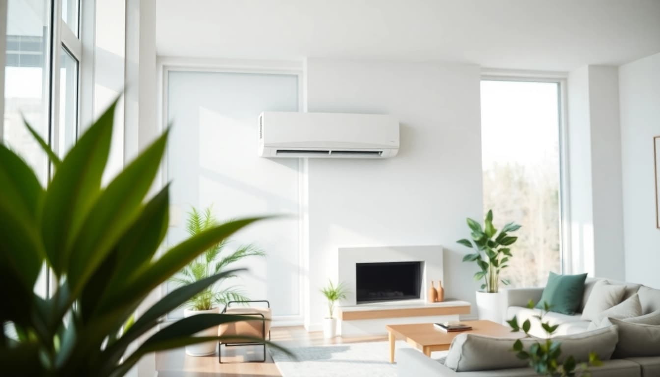 A technician installing a Mitsubishi mini split ac in a modern living room, showcasing its sleek design.