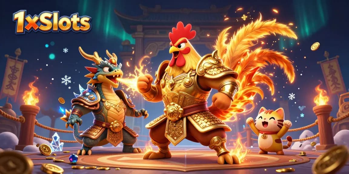 Engage with 1xSlots, featuring a dynamic scene of a rooster warrior and dragon hatchling in a vibrant casino atmosphere.