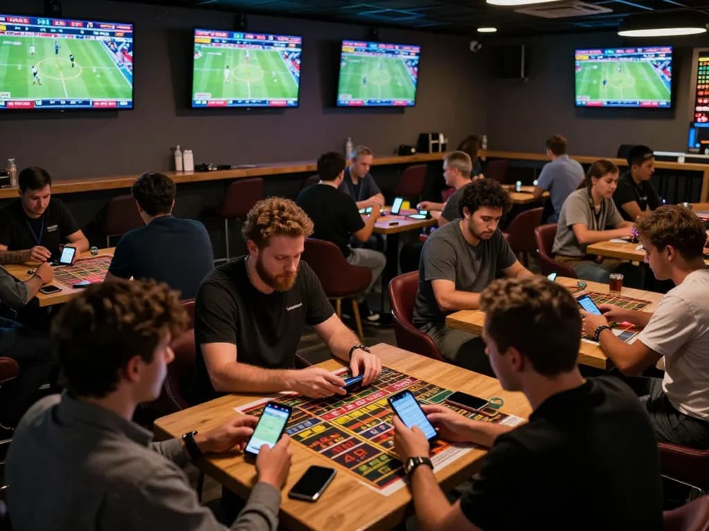 Bong da lu in action as sports enthusiasts place bets on live matches in a bustling betting lounge.