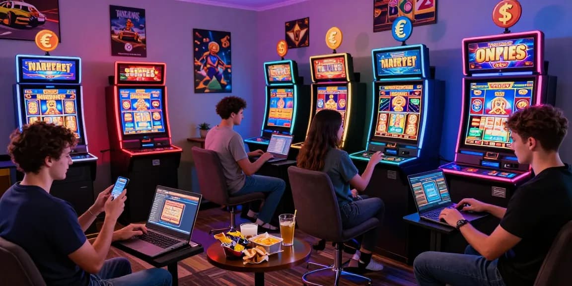 Engaging scene of players enjoying new European online casinos with vibrant digital games and bonuses in a lively setting.