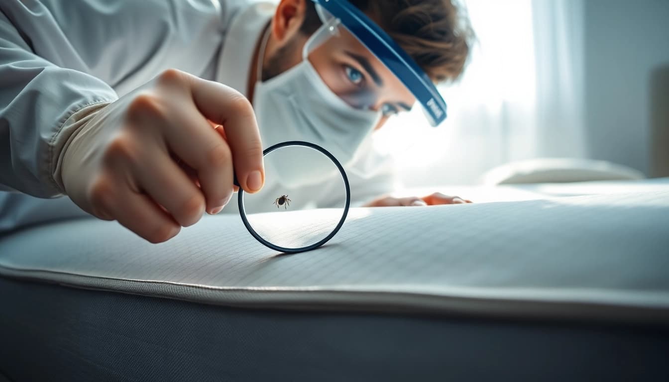 Implement effective bed bug control with a professional pest control technician inspecting a mattress.