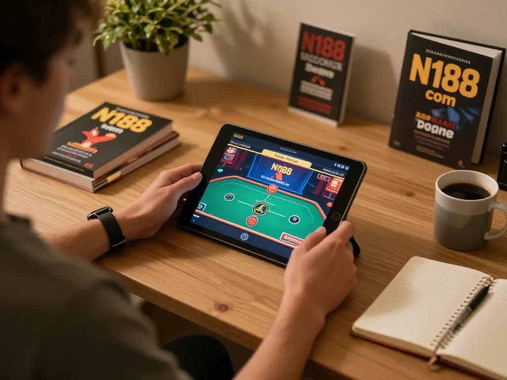 Player engaging with N188 com on a tablet, surrounded by poker strategy notes in a cozy setting