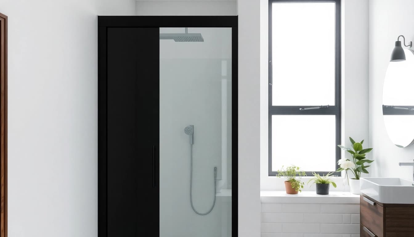 Enhance your bathroom with a stylish black shower sliding door featuring sleek glass and striking black frame.