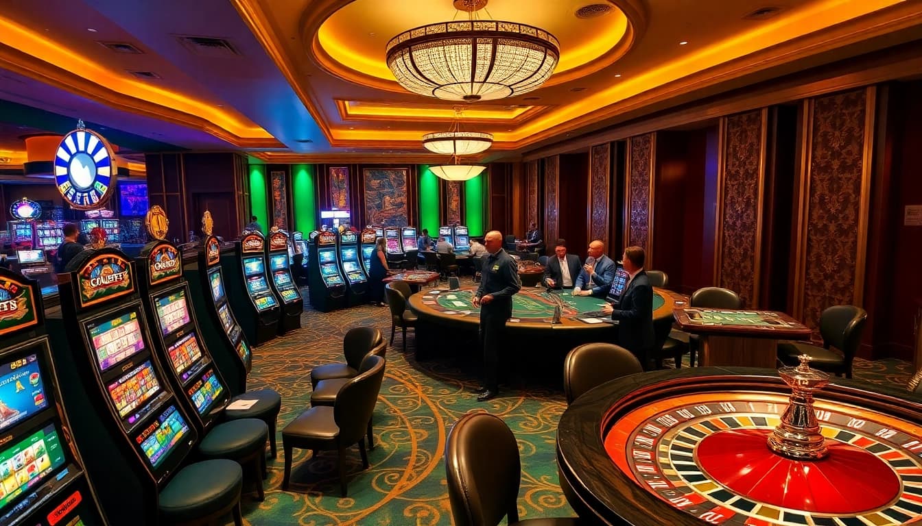 Joueurs profitant de l'excitation du meilleur casino en ligne avec des tables vibrantes et des machines à sous.