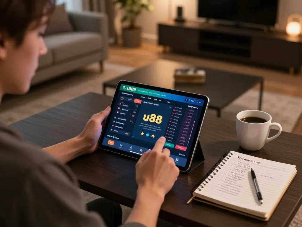 Engaging in sports betting on u888 with a tablet in a cozy home setting