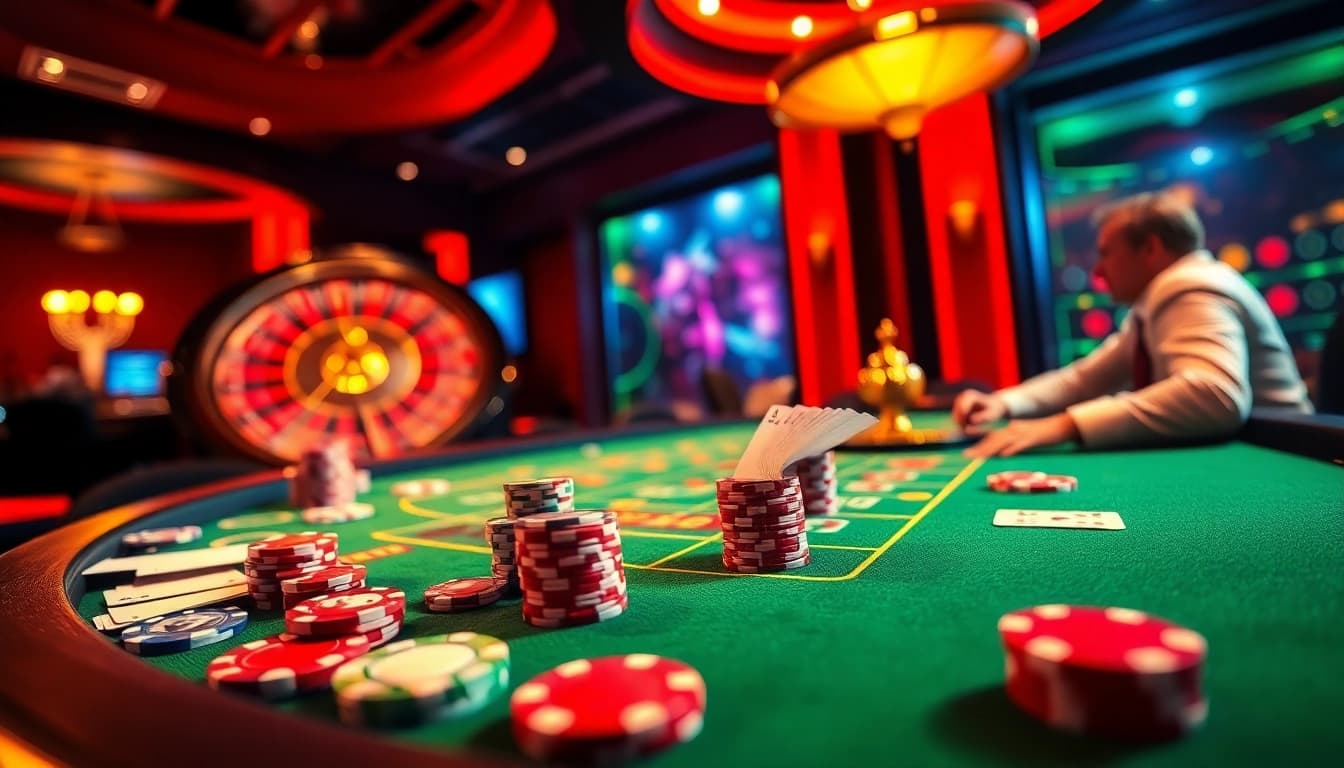A thrilling casino scene featuring players at a blackjack table immersed in the excitement of seven 77.