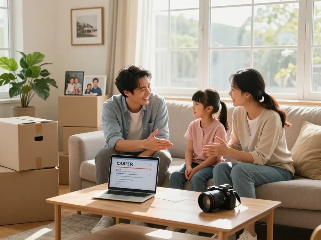 Family discussing fast cash for homes in a cozy living room with moving boxes.