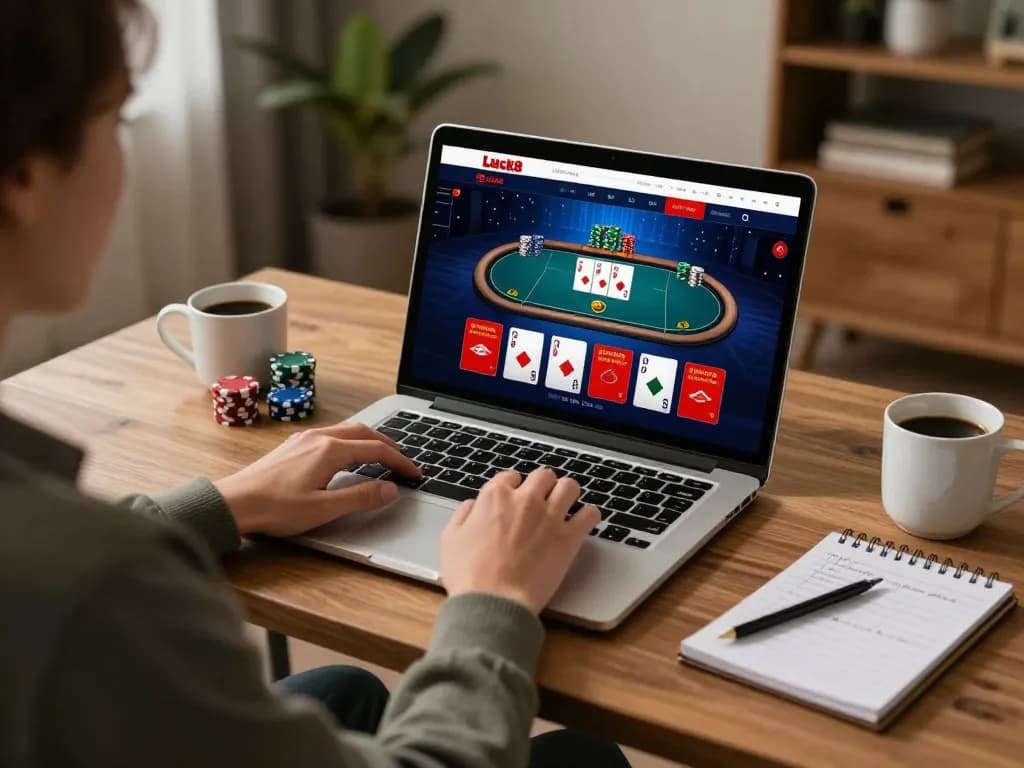 Engaging in online poker at Luck8, showcasing an immersive gaming experience in a modern home.