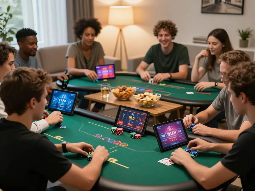Engaged players at home using https://dn88.bio/ for online poker while discussing strategies.