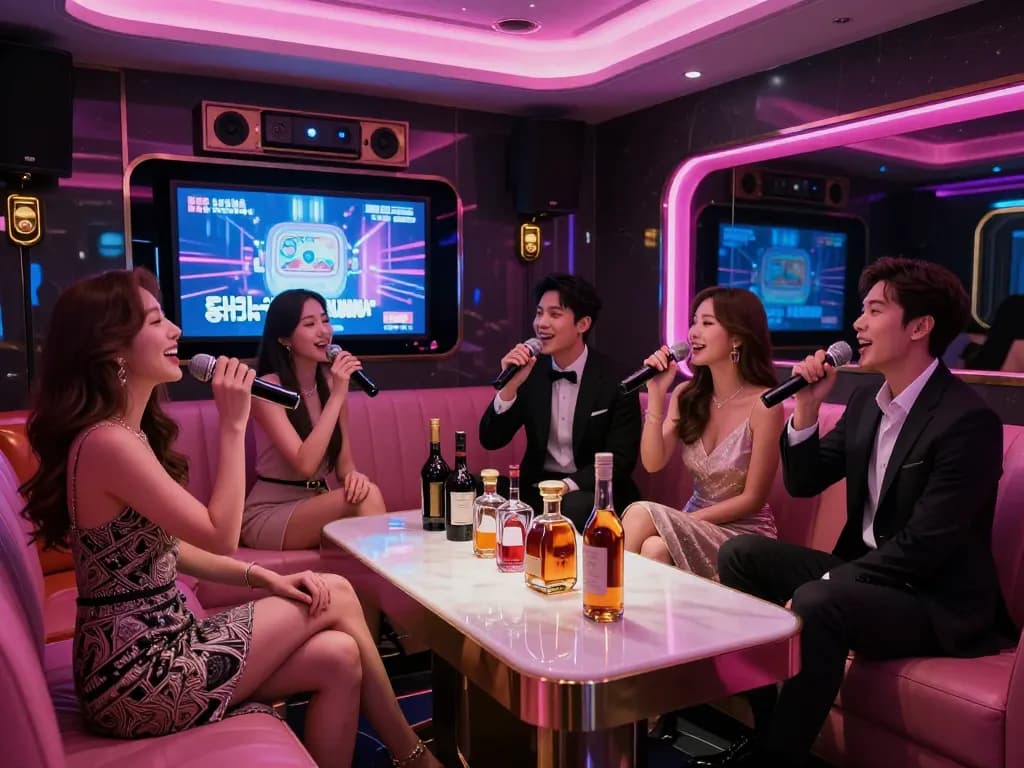 럭셔리한 개인실에서 프리미엄 음료와 오락을 즐기며 친구들과 함께 강남가라오케의 활기찬 분위기를 경험하세요.