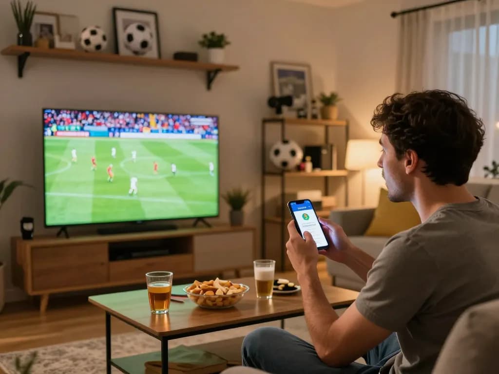 Socolive users enjoying a live football match on smartphone in a cozy home setting