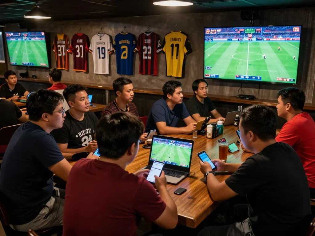 Cà khịa tv spectators actively placing bets on football matches in a vibrant sports bar setting