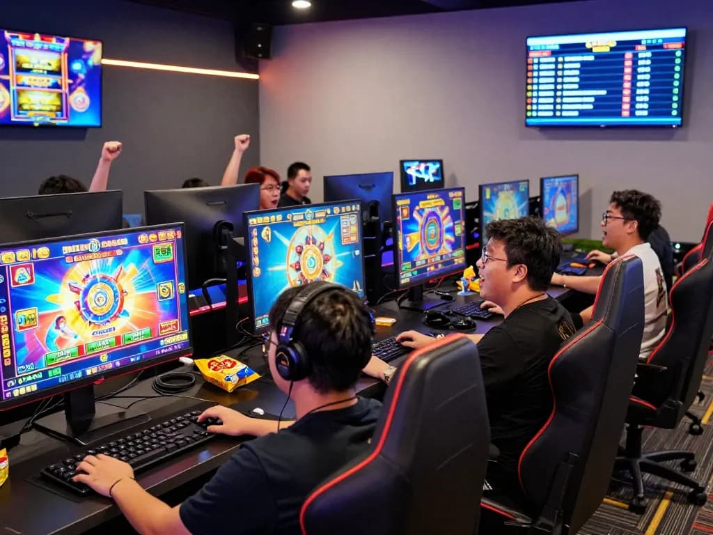 Suasana permainan yang menarik menampilkan pemain di situs slot gacor online, layar slot yang cerah, dan ekspresi yang mengasyikkan.