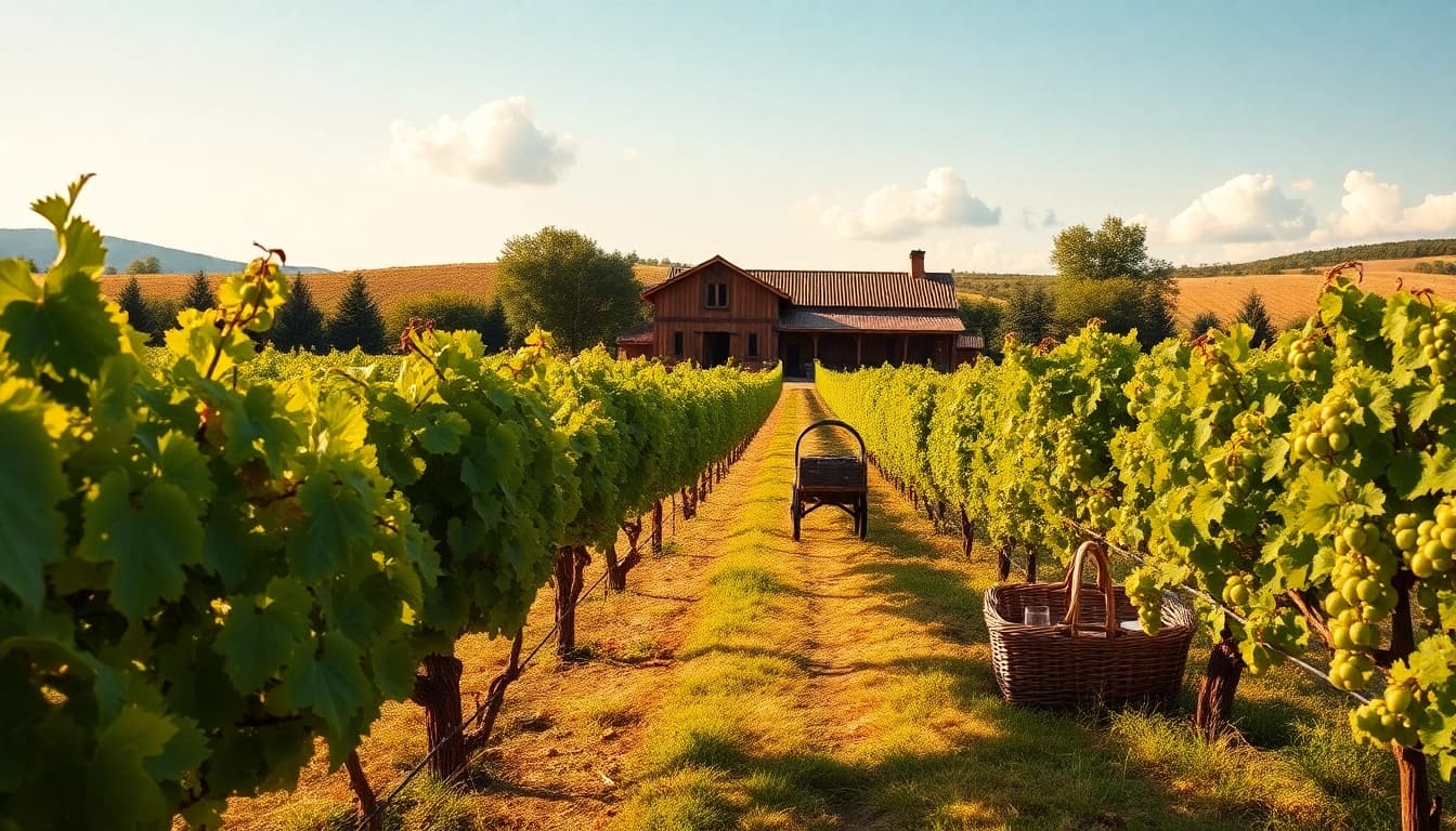 Experience the best wineries in California through this serene vineyard landscape featuring lush grapevines.