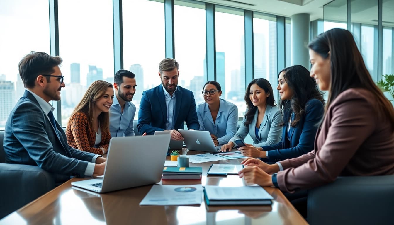 Analyze AI for competitor analysis tools in a professional office setting with diverse experts.