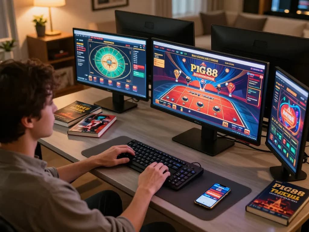 Engaging player using PG88 app on smartphone at a stylish gaming desk, showcasing online gaming setup