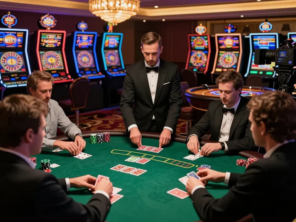Players engaged in a strategic poker game at a luxurious table in a casino showcasing BK888 excitement and atmosphere.