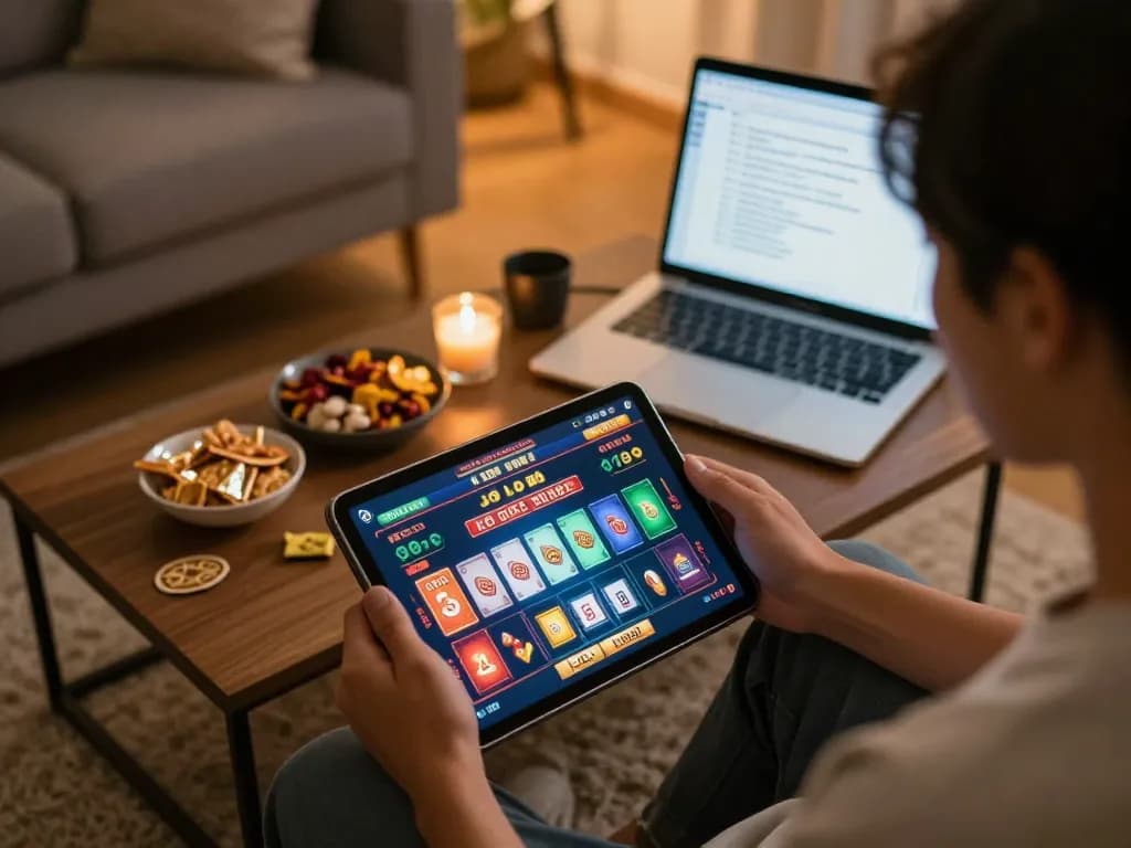 Lô đề online gaming session at home, player actively engaged on a tablet, strategic betting visible, cozy setting.