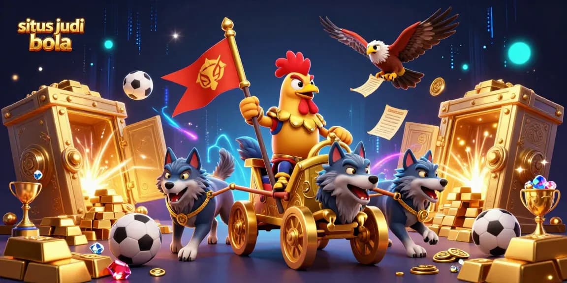 Engage in situs judi bola with an action-packed scene featuring a rooster warlord and sports betting elements.