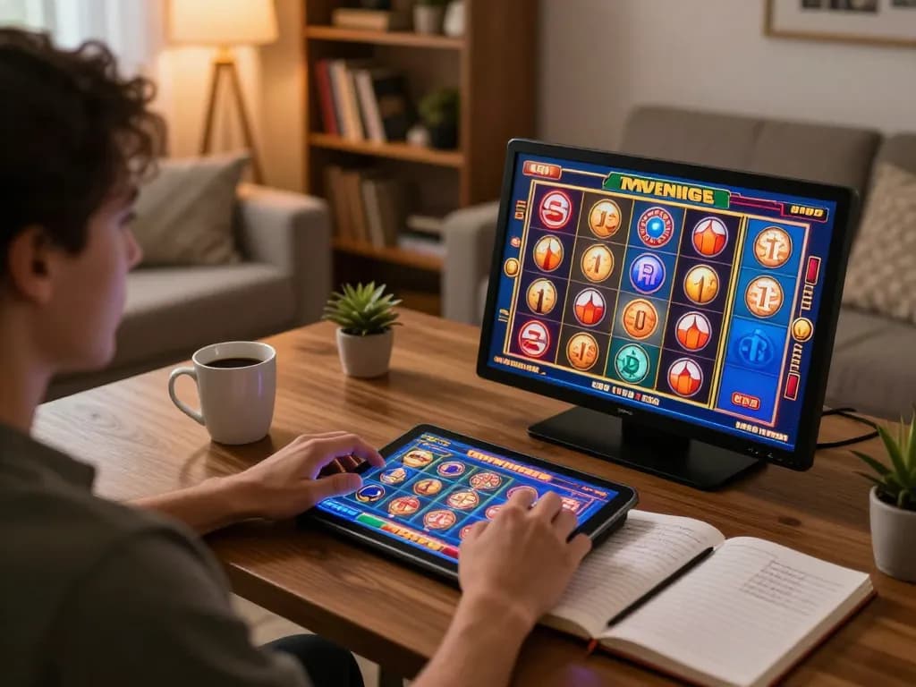 Bermain permainan slot link di tablet di rumah, menyoroti permainan online yang strategis.