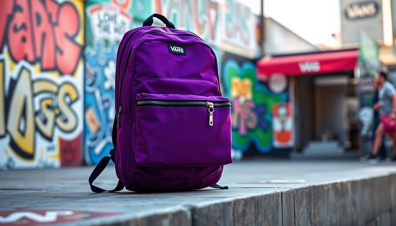 Accede a la mochila vans morada con diseño estilizado y moderno en fondo urbano.