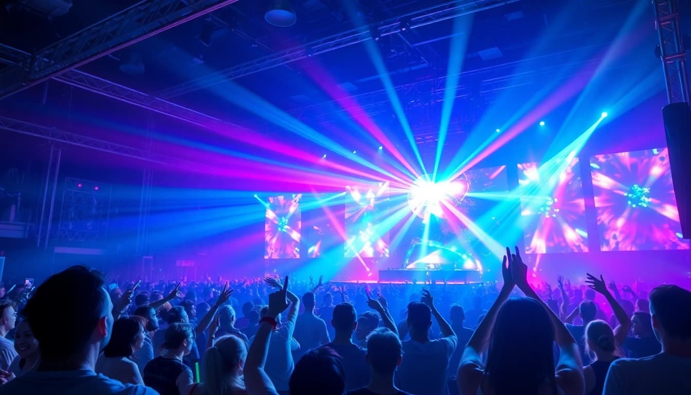 Koralive festival scene with vibrant crowd and a DJ on stage
